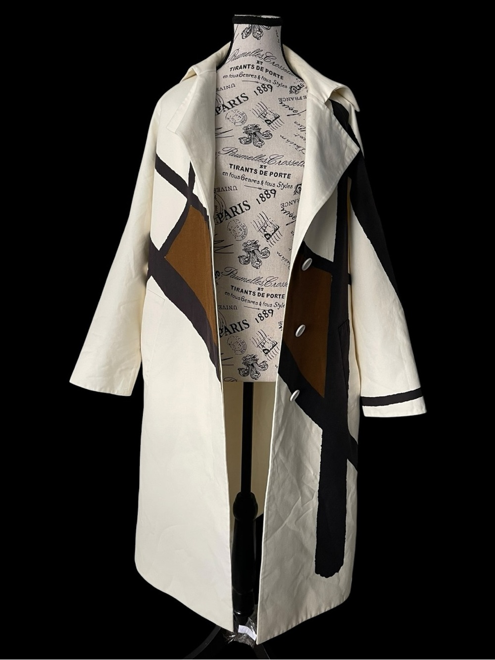 Akris Cream Geometric Print Silk Blend Long Coat Fits Like XL Belt Missing